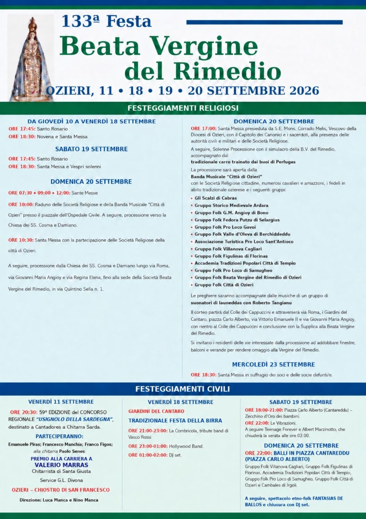 Manifesto ufficiale della 133ª Festa della Beata Vergine del Rimedio